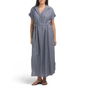 NEW MAX STUDIO LONDON Navy Linen Blend Roll Sleeve Button Front Maxi Dress